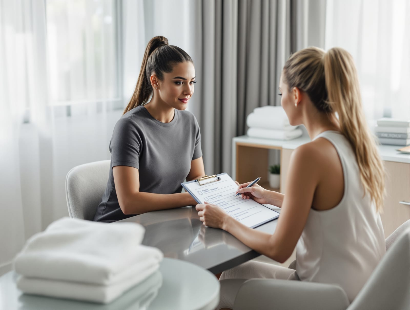 A patient and clinician reviewing a pre-operative checklist and bloodwork across a desk in a bright modern consultation room, with a compression garment and folded towels on a side table